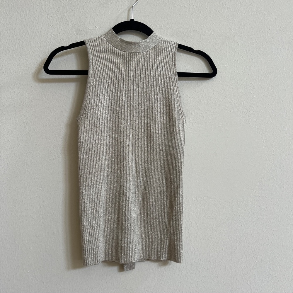 Anthropologie Ett:Twa Mock Neck Metallic Ribbed Tie-Back Sweater Tank size Small - Picture 2 of 3